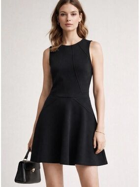 Ted Baker Mitton Black Scuba Fit & Flare Skater Dress Sleeveless Gold Zip, US 4